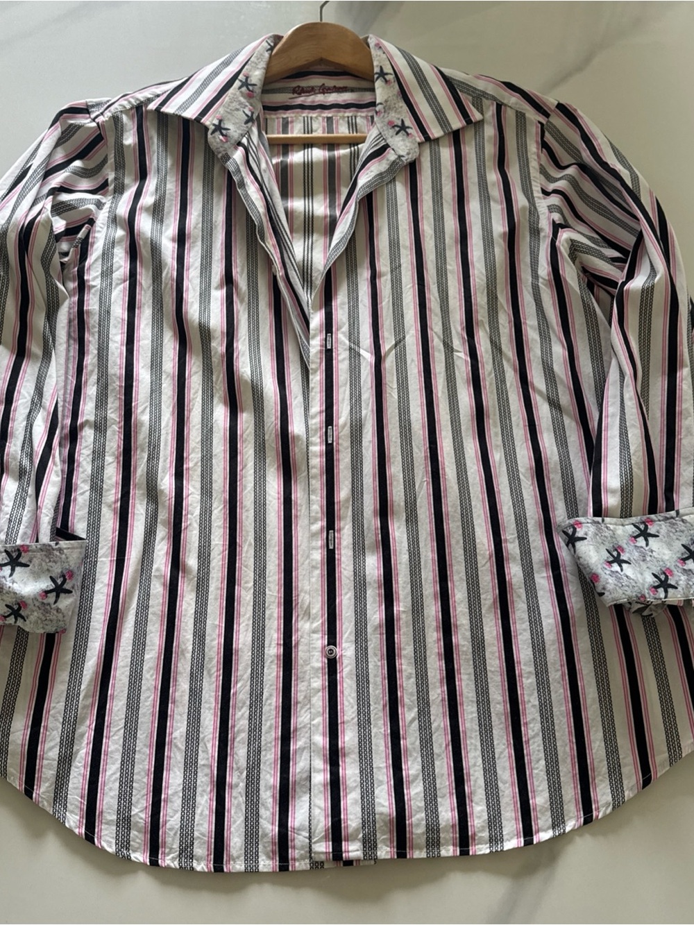 Robert Graham Pink, Black & White Vertical Stripe Button-Down Shirt, XL